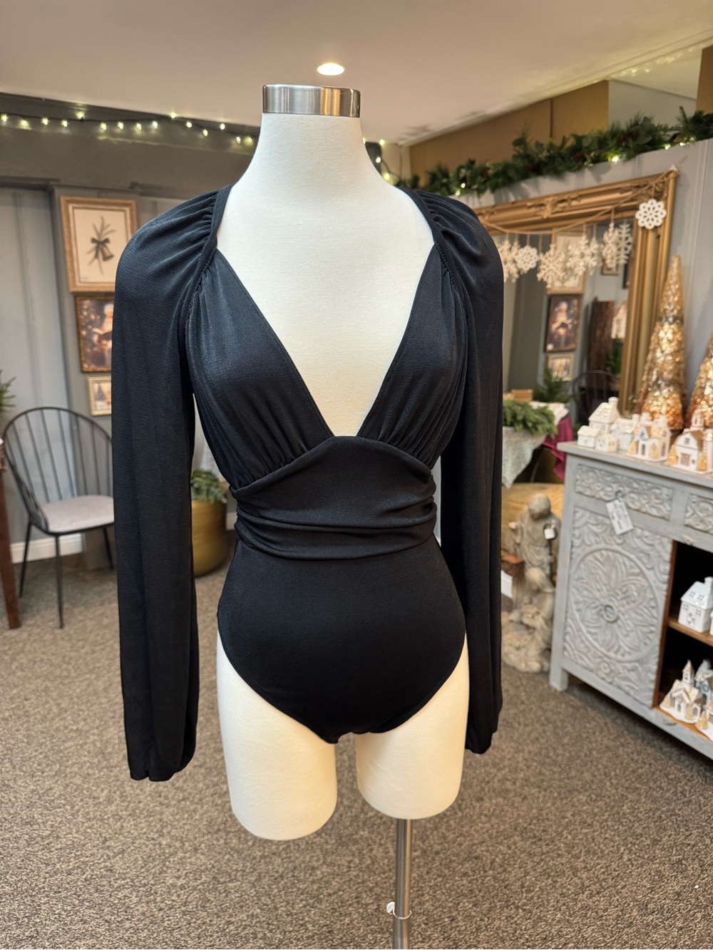 Free People Black Plunge Long-Sleeve Bodysuit with Ruched Waist